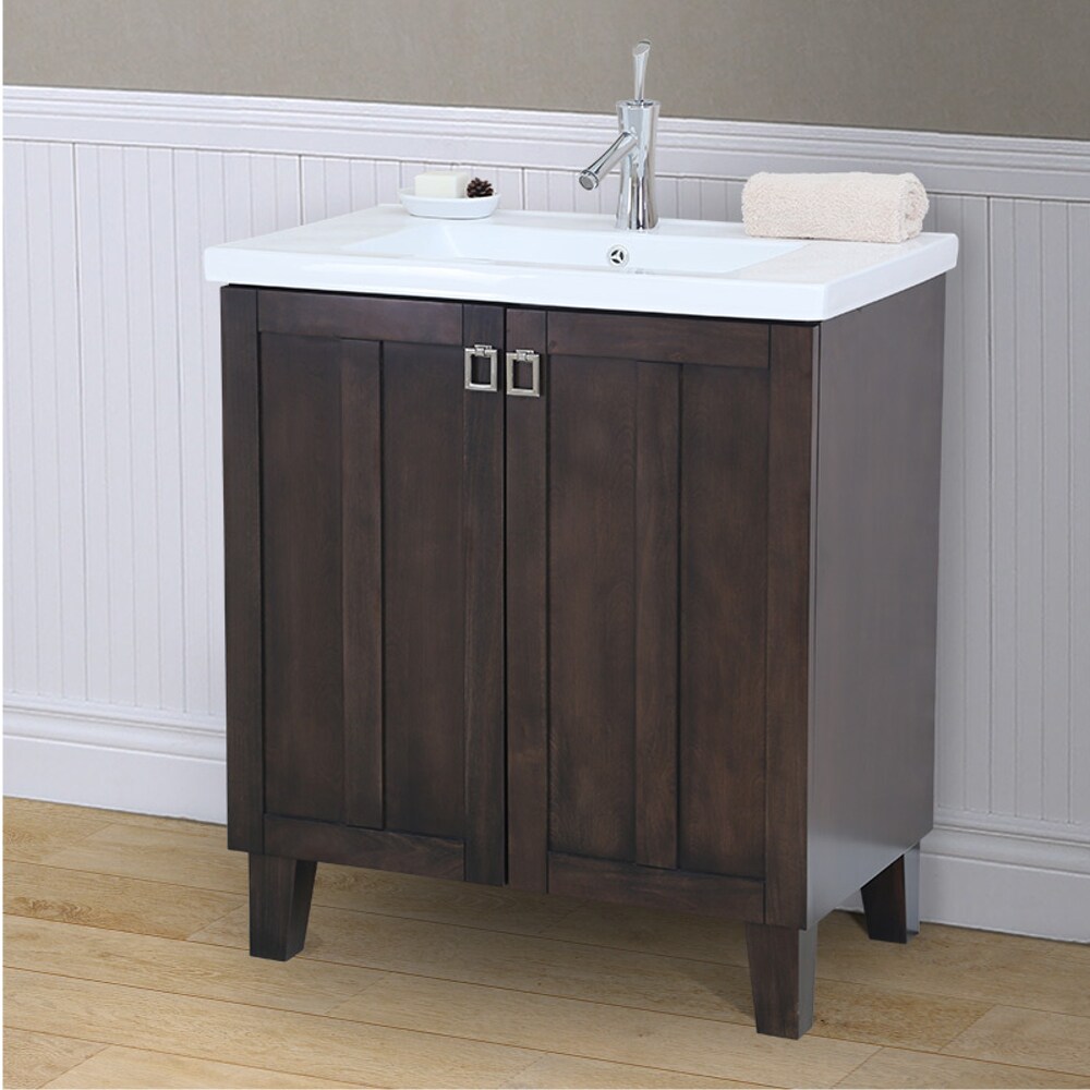 INFURNITURE IN3730-BR 30 INCH SINGLE SINK BATHROOM VANITY IN BROWN WITH THICK EDGE CERAMIC TOP