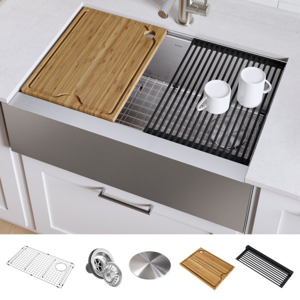 KRAUS KWF410-33 KORE WORKSTATION 33 INCH FARMHOUSE FLAT APRON FRONT 16 GAUGE SINGLE BOWL STAINLESS STEEL KITCHEN SINK WITH ACCESSORIES (PACK OF 5)
