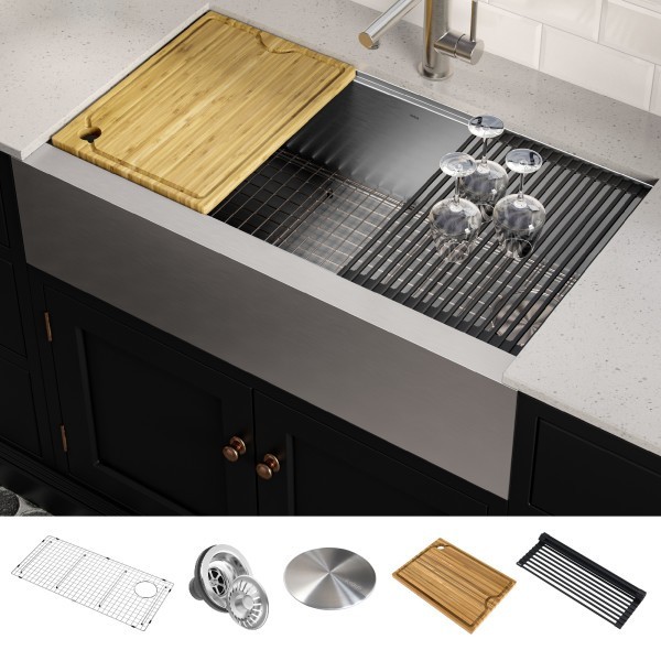 KRAUS KWF410-36 KORE WORKSTATION 36 INCH FARMHOUSE FLAT APRON FRONT 16 GAUGE SINGLE BOWL STAINLESS STEEL KITCHEN SINK WITH ACCESSORIES (PACK OF 5)