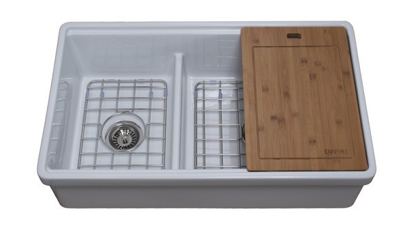 EMPIRE INDUSTRIES TO33D TOSCA 33 INCH FARMHOUSE FIRECLAY DOUBLE BOWL KITCHEN SINK IN WHITE WITH CUTTING-BOARD, GRID AND STRAINER