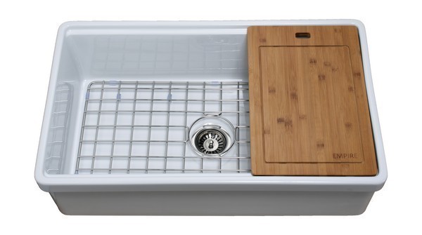 EMPIRE INDUSTRIES TO33S TOSCA 33 INCH FARMHOUSE FIRECLAY SINGLE BOWL KITCHEN SINK IN WHITE WITH CUTTING-BOARD, GRID AND STRAINER