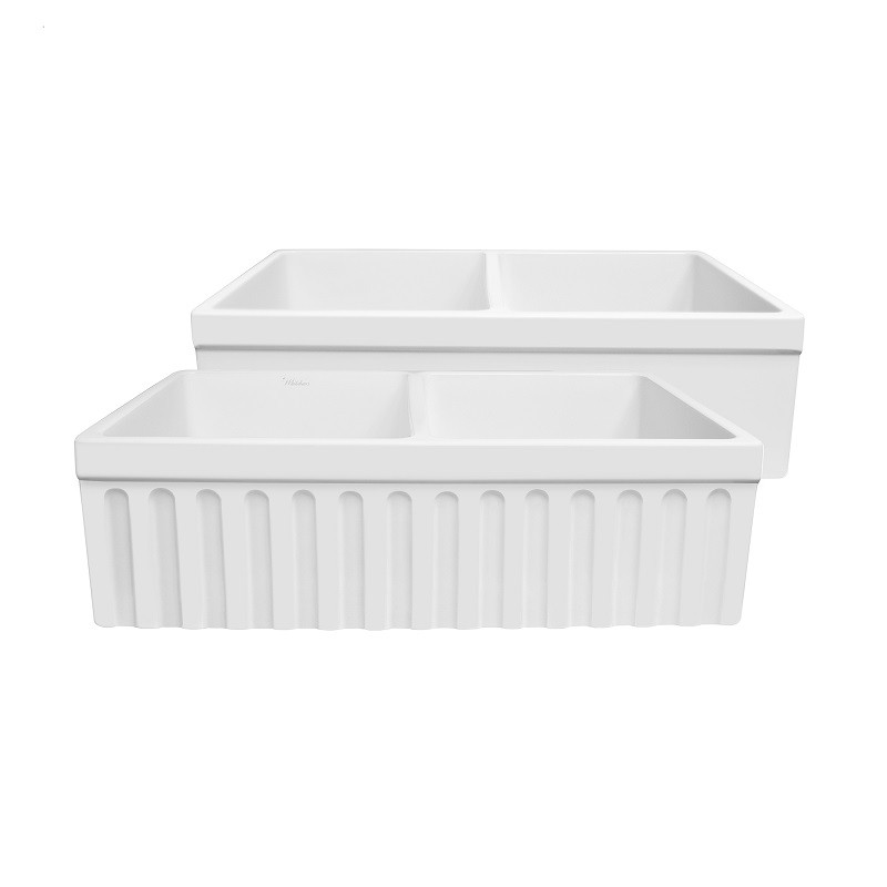 WHITEHAUS WHQDB332-M QUATRO ALCOVE 33 INCH REVERSIBLE DOUBLE BOWL FIRECLAY KITCHEN SINK WITH FLUTED 2 INCH LIP FRONT APRON