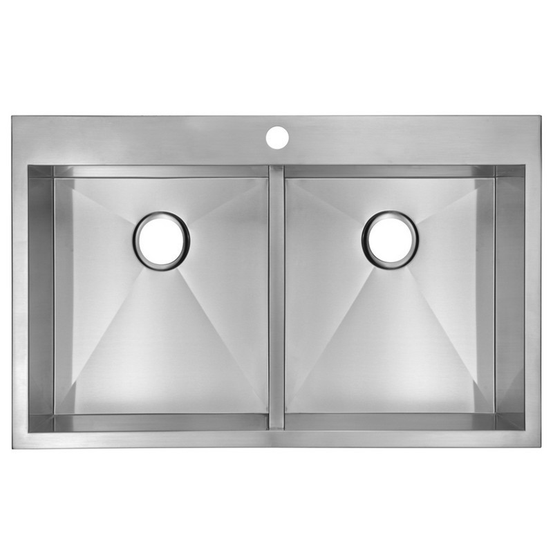 WATER-CREATION SSSG-TD-3322A-16 33 X 22 INCH ZERO RADIUS 50/50 DOUBLE BOWL STAINLESS STEEL HAND MADE DROP IN KITCHEN SINK WITH DRAINS, STRAINERS, AND BOTTOM GRIDS