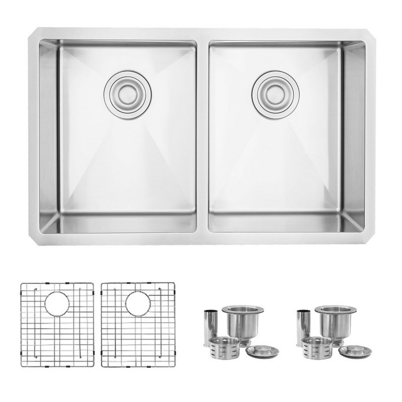 STYLISH S-300XG TOPAZ 28 INCH DOUBLE BOWL UNDERMOUNT STAINLESS STEEL KITCHEN SINK WITH GRIDS AND STRAINERS
