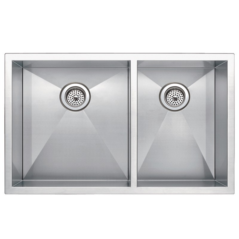 WATER-CREATION SS-UD-3320A-16 33 X 20 INCH ZERO RADIUS 60/40 DOUBLE BOWL STAINLESS STEEL HAND MADE UNDERMOUNT KITCHEN SINK