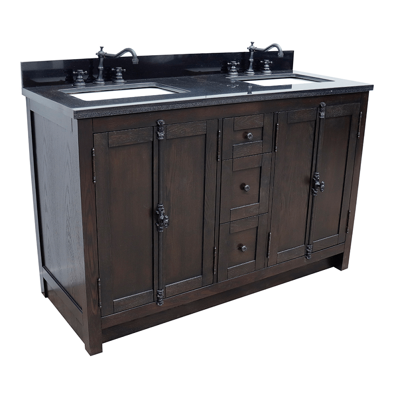 BELLATERRA 400100-55-BA-BG PLANTATION 55 INCH DOUBLE VANITY IN BROWN ASH WITH BLACK GRANITE TOP AND RECTANGLE SINK