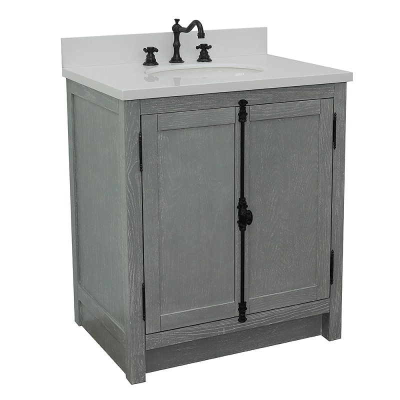 BELLATERRA 400100-GYA-WEO PLANTATION 31 INCH SINGLE VANITY IN GRAY ASH WITH WHITE QUARTZ TOP AND OVAL SINK