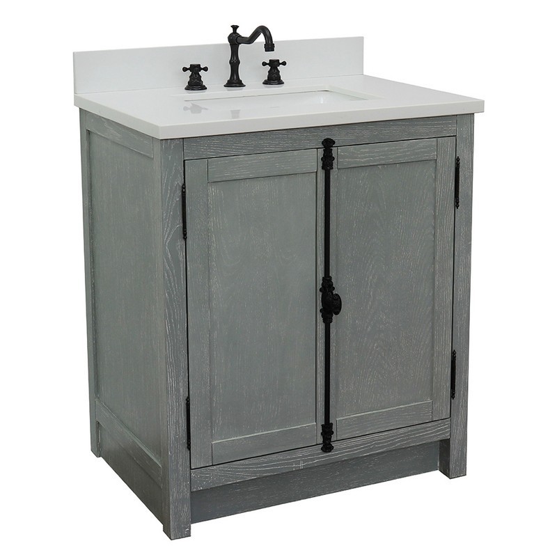 BELLATERRA 400100-GYA-WER PLANTATION 31 INCH SINGLE VANITY IN GRAY ASH WITH WHITE QUARTZ TOP AND RECTANGLE SINK
