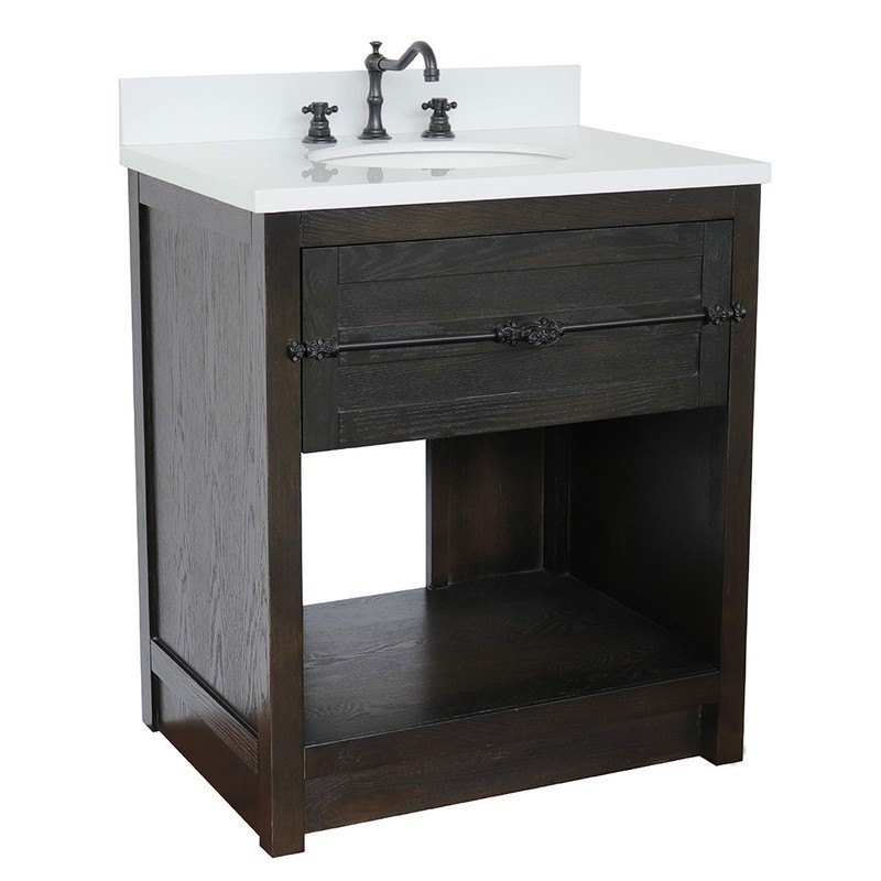 BELLATERRA 400101-BA-WEO PLANTATION 31 INCH SINGLE VANITY IN BROWN ASH WITH WHITE QUARTZ TOP AND OVAL SINK