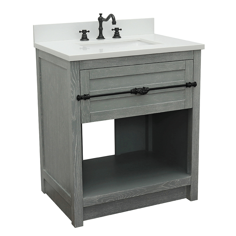 BELLATERRA 400101-GYA-WER PLANTATION 31 INCH SINGLE VANITY IN GRAY ASH WITH WHITE QUARTZ TOP AND RECTANGLE SINK