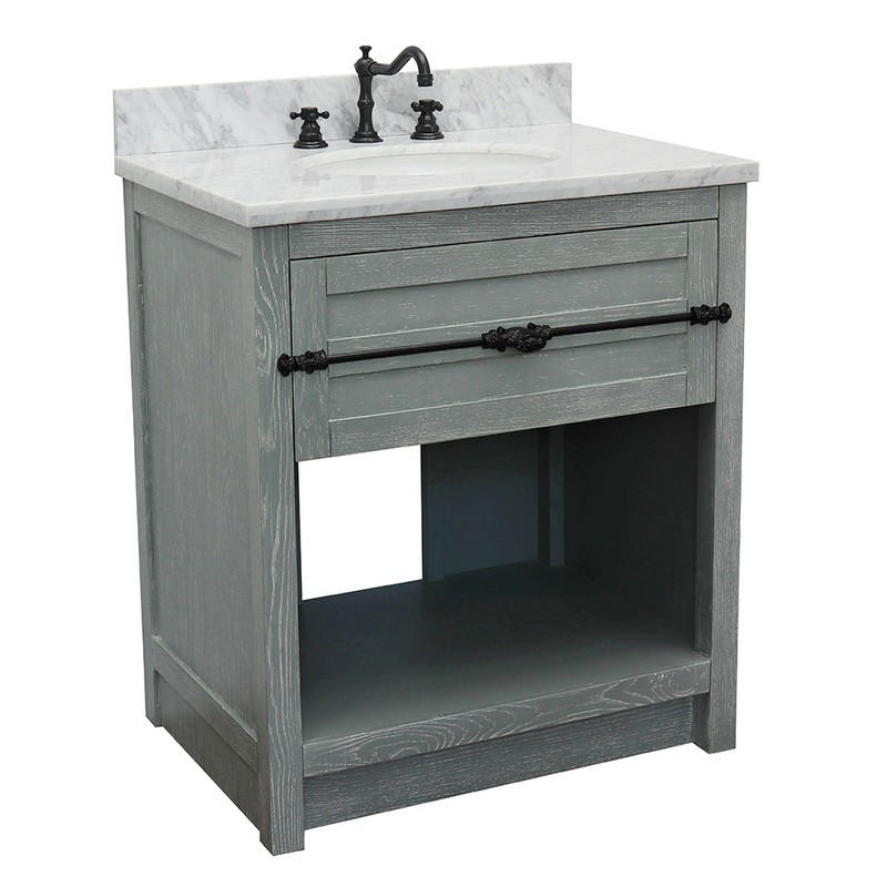 BELLATERRA 400101-GYA-WMO PLANTATION 31 INCH SINGLE VANITY IN GRAY ASH WITH WHITE CARRARA TOP AND OVAL SINK