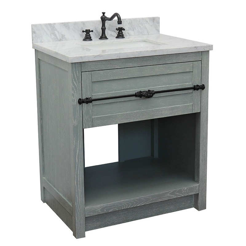 BELLATERRA 400101-GYA-WMR PLANTATION 31 INCH SINGLE VANITY IN GRAY ASH WITH WHITE CARRARA TOP AND RECTANGLE SINK