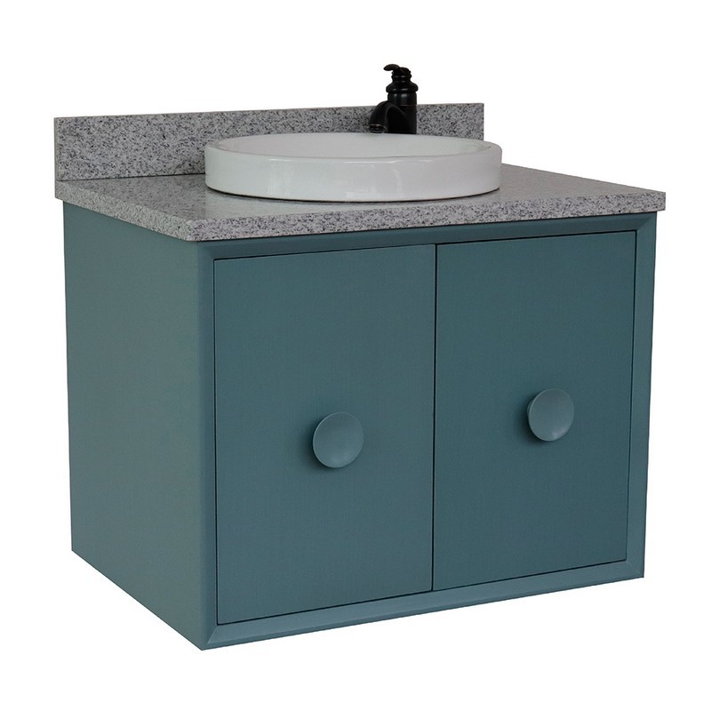 BELLATERRA 400400-CAB-AB-GYRD STORA 31 INCH SINGLE WALL MOUNT VANITY IN AQUA BLUE WITH GRAY GRANITE TOP AND ROUND SINK