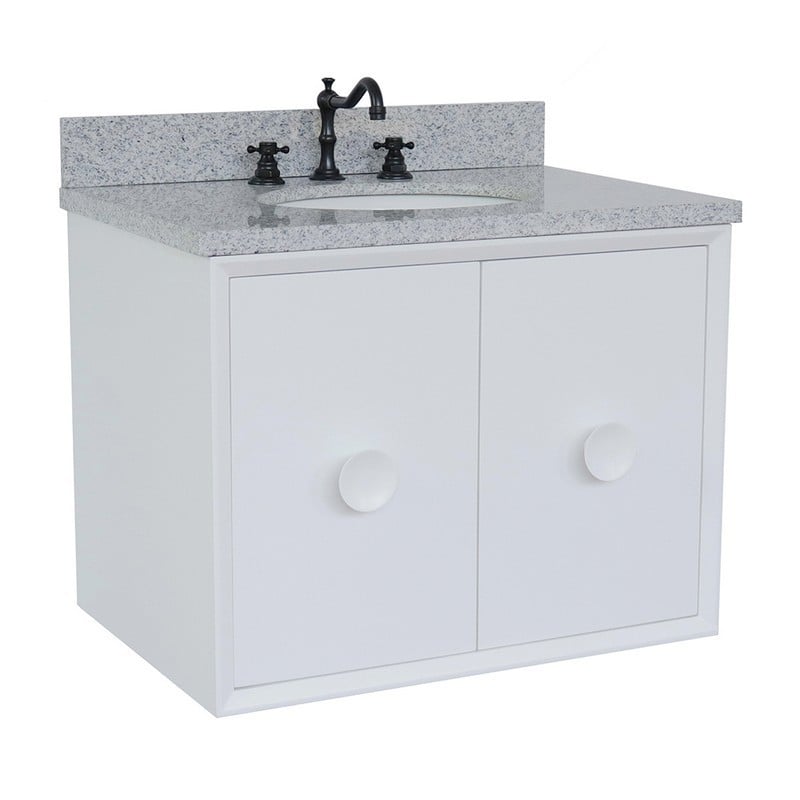 BELLATERRA 400400-CAB-WH-GYO STORA 31 INCH SINGLE WALL MOUNT VANITY IN WHITE WITH GRAY GRANITE TOP AND OVAL SINK