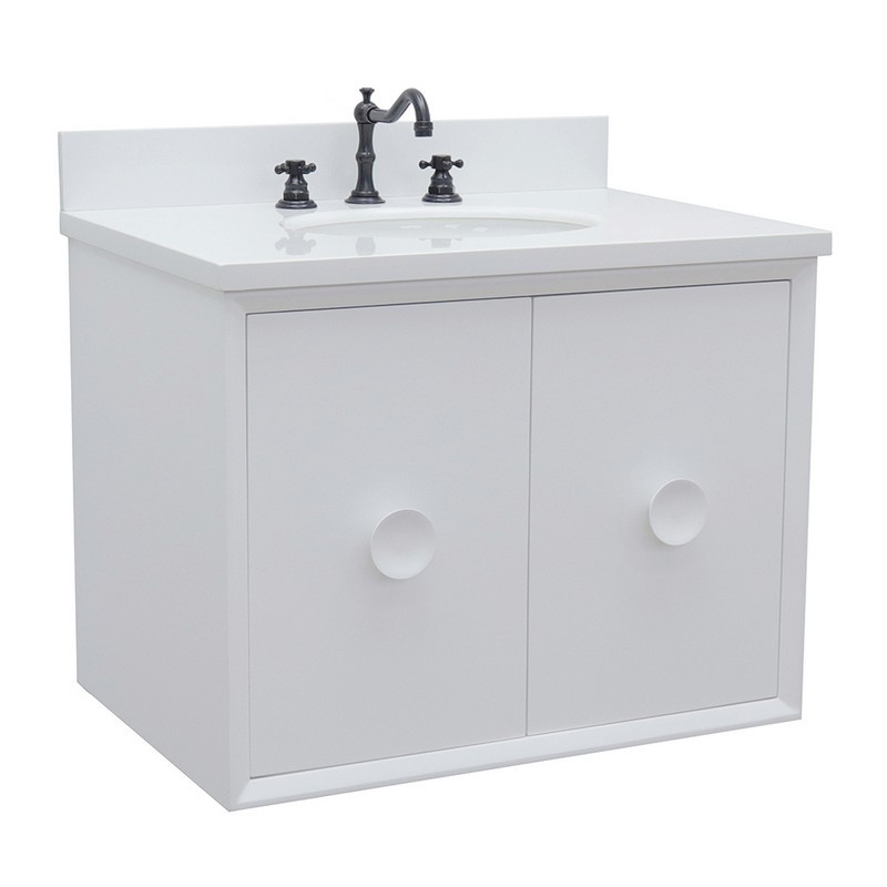 BELLATERRA 400400-CAB-WH-WEO STORA 31 INCH SINGLE WALL MOUNT VANITY IN WHITE WITH WHITE QUARTZ TOP AND OVAL SINK