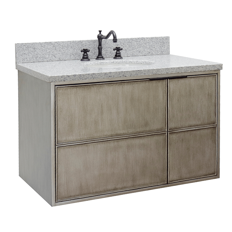 BELLATERRA 400500-CAB-LN-GYO SCANDI 37 INCH SINGLE WALL MOUNT VANITY IN LINEN BROWN WITH GRAY GRANITE TOP AND OVAL SINK