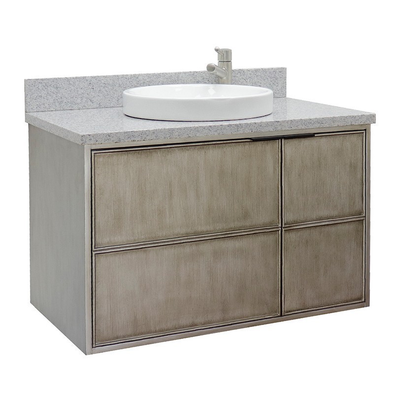 BELLATERRA 400500-CAB-LN-GYRD SCANDI 37 INCH SINGLE WALL MOUNT VANITY IN LINEN BROWN WITH GRAY GRANITE TOP AND ROUND SINK