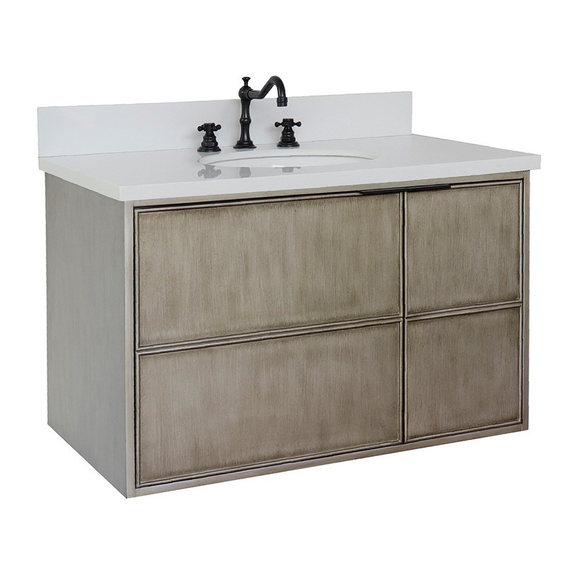 BELLATERRA 400500-CAB-LN-WEO SCANDI 37 INCH SINGLE WALL MOUNT VANITY IN LINEN BROWN WITH WHITE QUARTZ TOP AND OVAL SINK