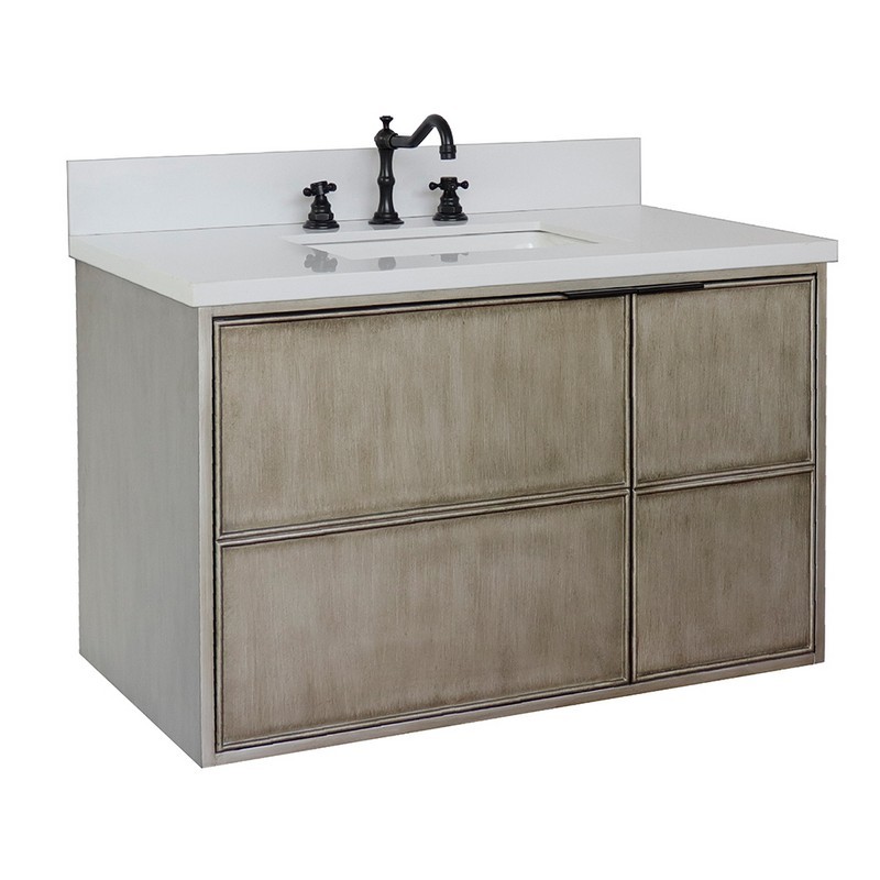 BELLATERRA 400500-CAB-LN-WER SCANDI 37 INCH SINGLE WALL MOUNT VANITY IN LINEN BROWN WITH WHITE QUARTZ TOP AND RECTANGLE SINK