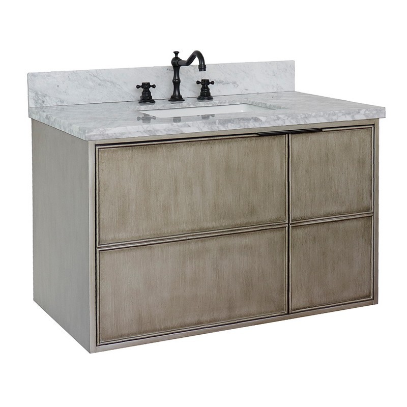 BELLATERRA 400500-CAB-LN-WMR SCANDI 37 INCH SINGLE WALL MOUNT VANITY IN LINEN BROWN WITH WHITE CARRARA TOP AND RECTANGLE SINK