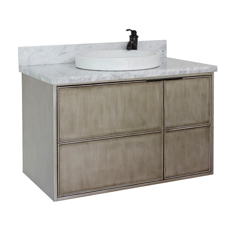 BELLATERRA 400500-CAB-LN-WMRD SCANDI 37 INCH SINGLE WALL MOUNT VANITY IN LINEN BROWN WITH WHITE CARRARA TOP AND ROUND SINK