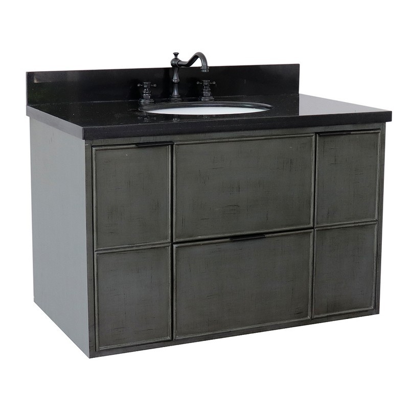 BELLATERRA 400501-CAB-LY-BGO SCANDI 37 INCH SINGLE WALL MOUNT VANITY IN LINEN SAGE GRAY WITH BLACK GALAXY TOP AND OVAL SINK