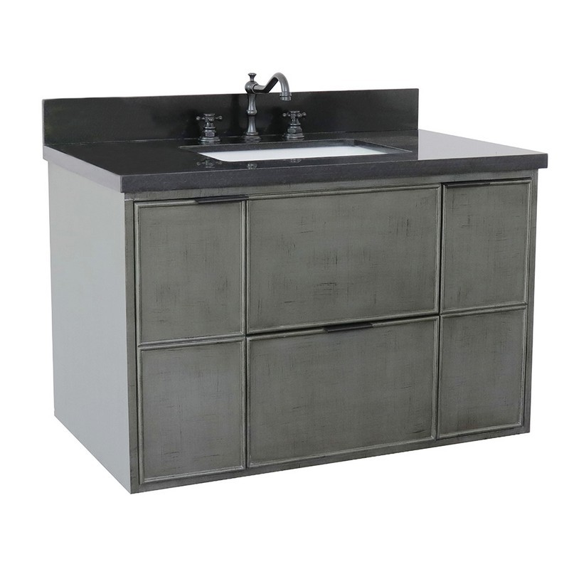 BELLATERRA 400501-CAB-LY-BGR SCANDI 37 INCH SINGLE WALL MOUNT VANITY IN LINEN SAGE GRAY WITH BLACK GALAXY TOP AND RECTANGLE SINK