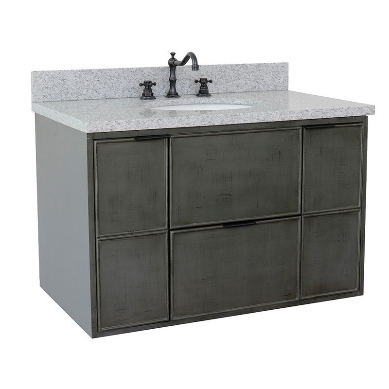 BELLATERRA 400501-CAB-LY-GYO SCANDI 37 INCH SINGLE WALL MOUNT VANITY IN LINEN SAGE GRAY WITH GRAY GRANITE TOP AND OVAL SINK
