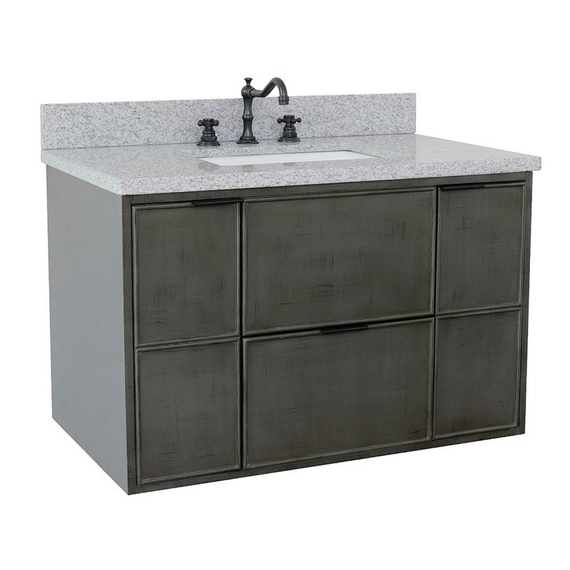 BELLATERRA 400501-CAB-LY-GYR SCANDI 37 INCH SINGLE WALL MOUNT VANITY IN LINEN SAGE GRAY WITH GRAY GRANITE TOP AND RECTANGLE SINK