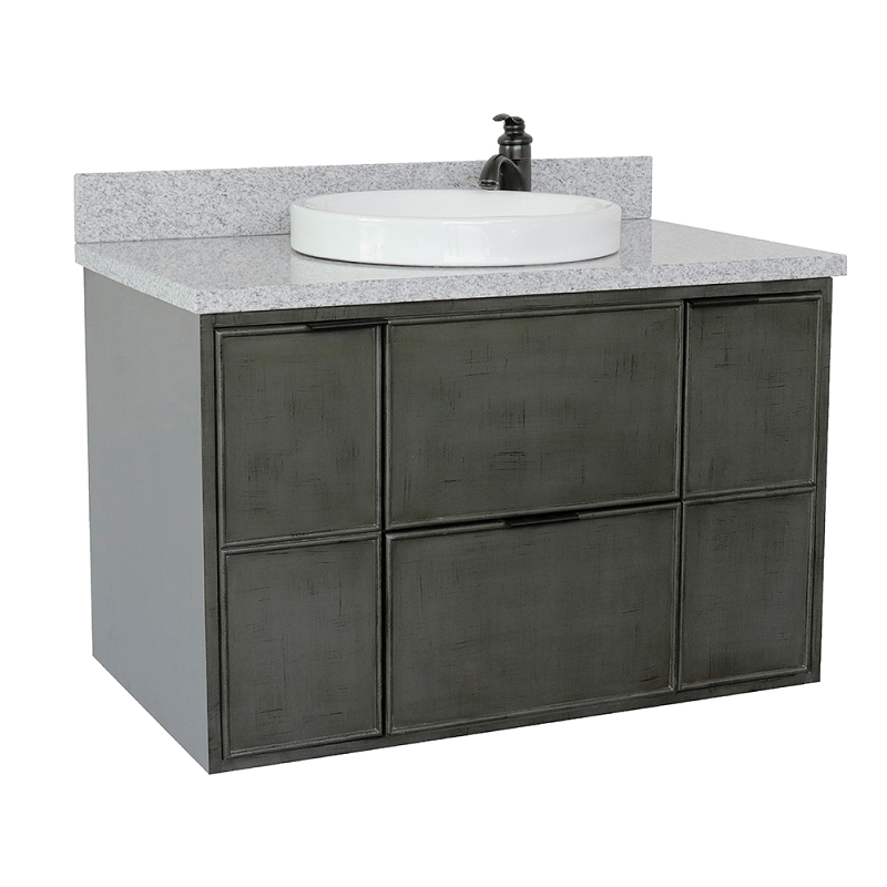 BELLATERRA 400501-CAB-LY-GYRD SCANDI 37 INCH SINGLE WALL MOUNT VANITY IN LINEN SAGE GRAY WITH GRAY GRANITE TOP AND ROUND SINK