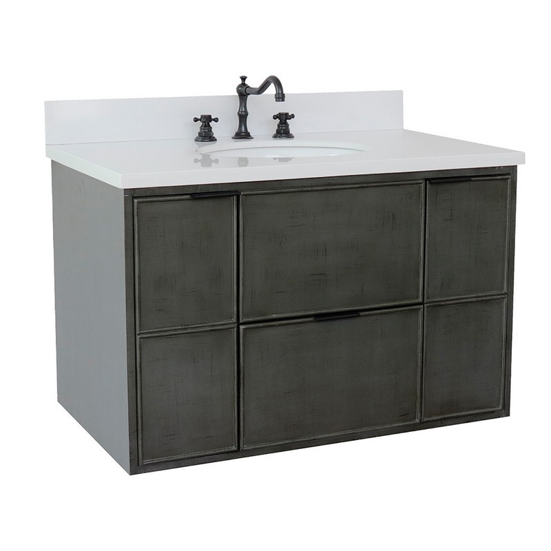 BELLATERRA 400501-CAB-LY-WEO SCANDI 37 INCH SINGLE WALL MOUNT VANITY IN LINEN SAGE GRAY WITH WHITE QUARTZ TOP AND OVAL SINK