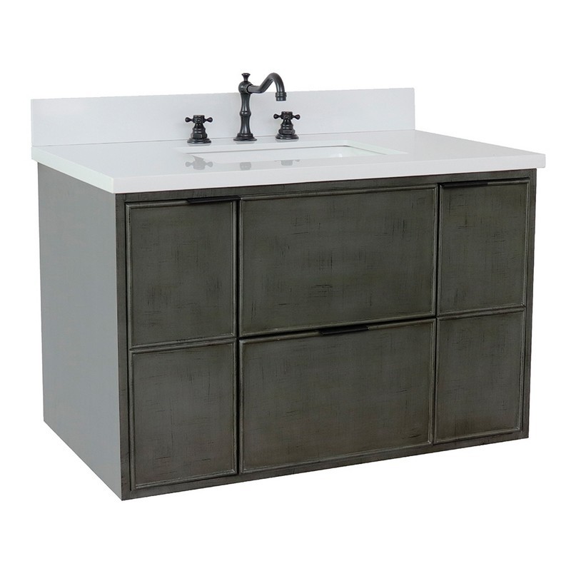 BELLATERRA 400501-CAB-LY-WER SCANDI 37 INCH SINGLE WALL MOUNT VANITY IN LINEN SAGE GRAY WITH WHITE QUARTZ TOP AND RECTANGLE SINK