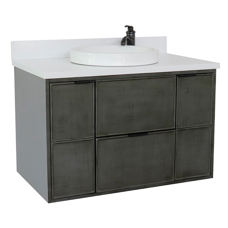 BELLATERRA 400501-CAB-LY-WERD SCANDI 37 INCH SINGLE WALL MOUNT VANITY IN LINEN SAGE GRAY WITH WHITE QUARTZ TOP AND ROUND SINK