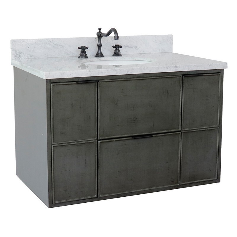 BELLATERRA 400501-CAB-LY-WMO SCANDI 37 INCH SINGLE WALL MOUNT VANITY IN LINEN SAGE GRAY WITH WHITE CARRARA TOP AND OVAL SINK