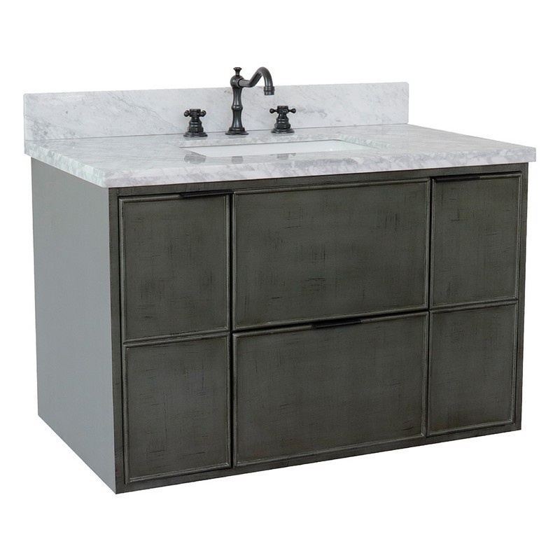BELLATERRA 400501-CAB-LY-WMR SCANDI 37 INCH SINGLE WALL MOUNT VANITY IN LINEN SAGE GRAY WITH WHITE CARRARA TOP AND RECTANGLE SINK
