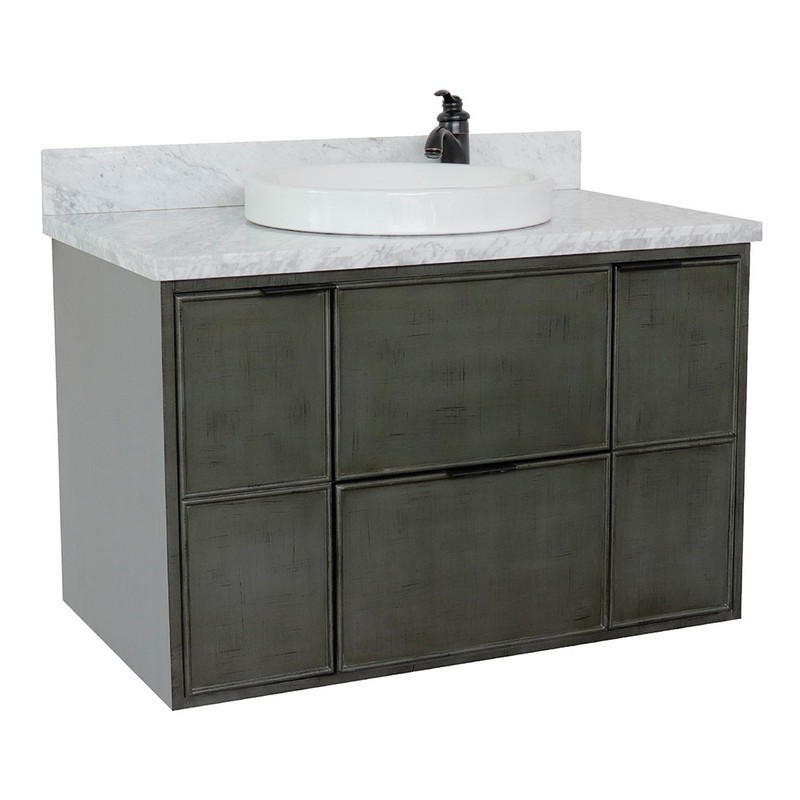 BELLATERRA 400501-CAB-LY-WMRD SCANDI 37 INCH SINGLE WALL MOUNT VANITY IN LINEN SAGE GRAY WITH WHITE CARRARA TOP AND ROUND SINK