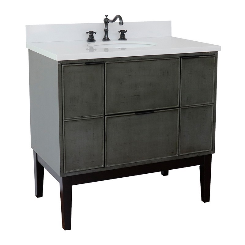 BELLATERRA 400501-LY-WEO SCANDI 37 INCH SINGLE VANITY IN LINEN SAGE GRAY WITH WHITE QUARTZ TOP AND OVAL SINK