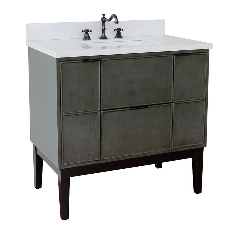 BELLATERRA 400501-LY-WER SCANDI 37 INCH SINGLE VANITY IN LINEN SAGE GRAY WITH WHITE QUARTZ TOP AND RECTANGLE SINK