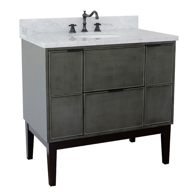 BELLATERRA 400501-LY-WMO SCANDI 37 INCH SINGLE VANITY IN LINEN SAGE GRAY WITH WHITE CARRARA TOP AND OVAL SINK