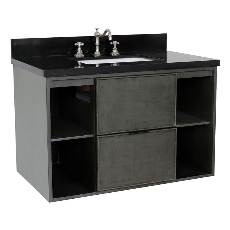 BELLATERRA 400502-CAB-LY-BGR SCANDI 37 INCH SINGLE WALL MOUNT VANITY IN LINEN SAGE GRAY WITH BLACK GALAXY TOP AND RECTANGLE SINK