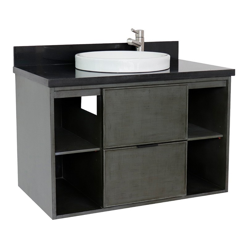 BELLATERRA 400502-CAB-LY-BGRD SCANDI 37 INCH SINGLE WALL MOUNT VANITY IN LINEN SAGE GRAY WITH BLACK GALAXY TOP AND ROUND SINK