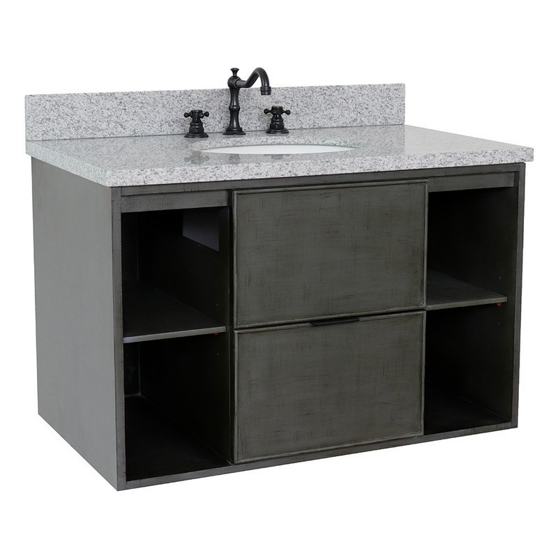 BELLATERRA 400502-CAB-LY-GYO SCANDI 37 INCH SINGLE WALL MOUNT VANITY IN LINEN SAGE GRAY WITH GRAY GRANITE TOP AND OVAL SINK