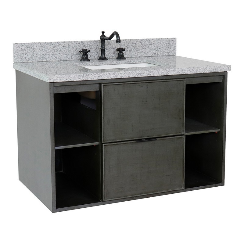 BELLATERRA 400502-CAB-LY-GYR SCANDI 37 INCH SINGLE WALL MOUNT VANITY IN LINEN SAGE GRAY WITH GRAY GRANITE TOP AND RECTANGLE SINK