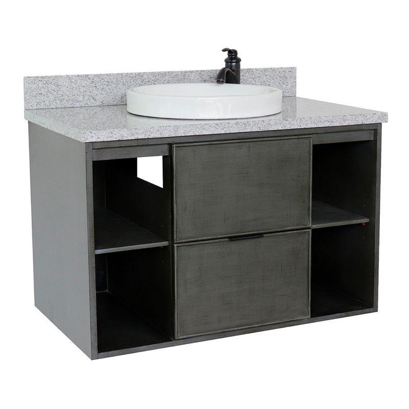 BELLATERRA 400502-CAB-LY-GYRD SCANDI 37 INCH SINGLE WALL MOUNT VANITY IN LINEN SAGE GRAY WITH GRAY GRANITE TOP AND ROUND SINK