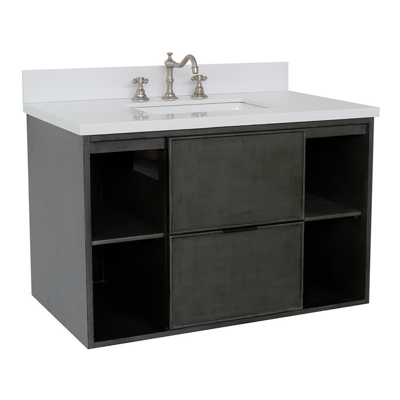 BELLATERRA 400502-CAB-LY-WER SCANDI 37 INCH SINGLE WALL MOUNT VANITY IN LINEN SAGE GRAY WITH WHITE QUARTZ TOP AND RECTANGLE SINK