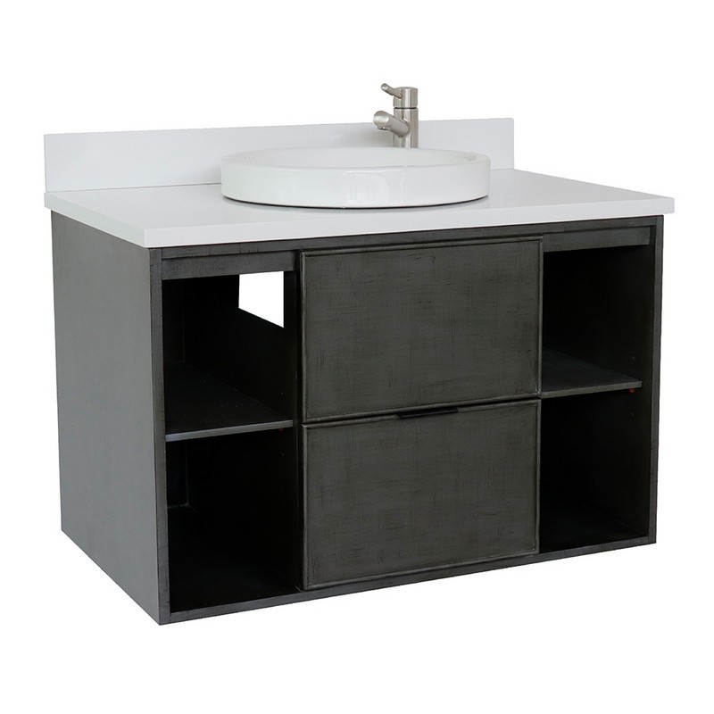 BELLATERRA 400502-CAB-LY-WERD SCANDI 37 INCH SINGLE WALL MOUNT VANITY IN LINEN SAGE GRAY WITH WHITE QUARTZ TOP AND ROUND SINK