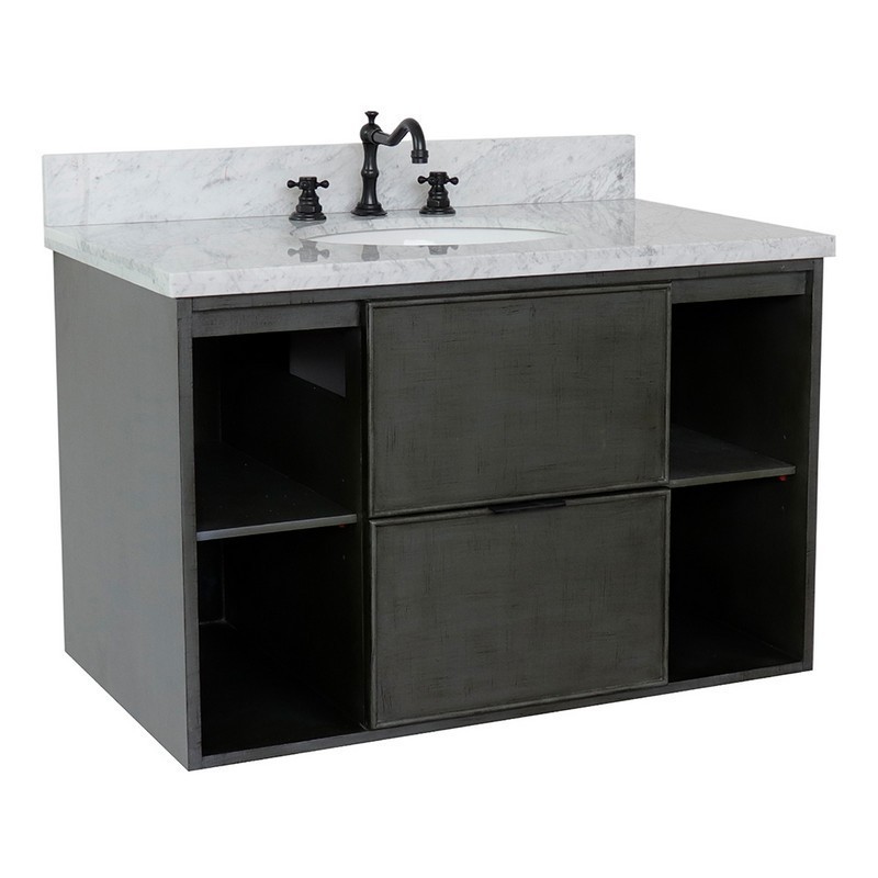 BELLATERRA 400502-CAB-LY-WMO SCANDI 37 INCH SINGLE WALL MOUNT VANITY IN LINEN SAGE GRAY WITH WHITE CARRARA TOP AND OVAL SINK