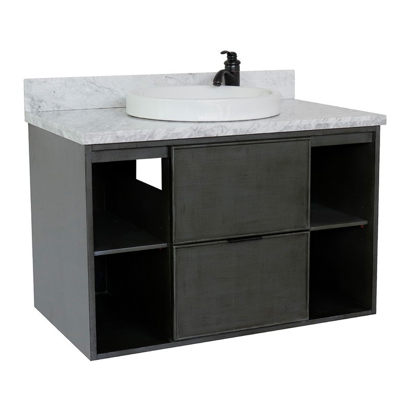 BELLATERRA 400502-CAB-LY-WMRD SCANDI 37 INCH SINGLE WALL MOUNT VANITY IN LINEN SAGE GRAY WITH WHITE CARRARA TOP AND ROUND SINK