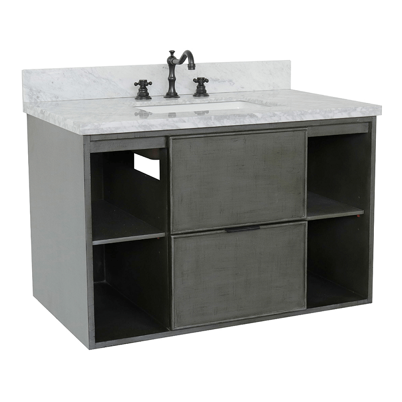 BELLATERRA 400502-CAB-LY-WMR SCANDI 37 INCH SINGLE WALL MOUNT VANITY IN LINEN SAGE GRAY WITH WHITE CARRARA TOP AND RECTANGLE SINK