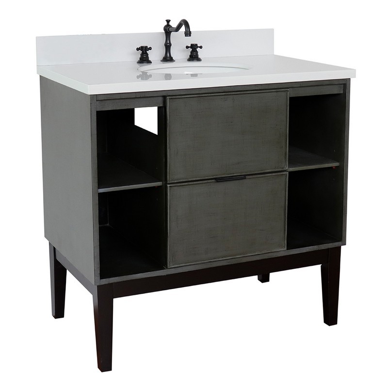 BELLATERRA 400502-LY-WEO SCANDI 37 INCH SINGLE VANITY IN LINEN SAGE GRAY WITH WHITE QUARTZ TOP AND OVAL SINK